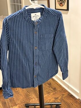 Indigo Stripe Band-Collar Men’s Shirt - Blue